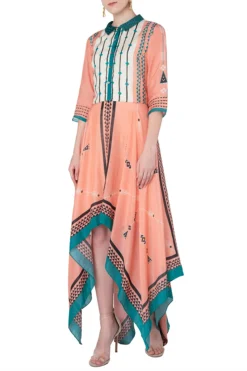 Soup By Sougat Paul Peach And Green Asymmetrical Printed Dress -AOZA Wear Style Shop sopc081813 b