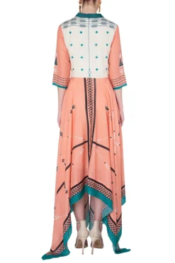 Soup By Sougat Paul Peach And Green Asymmetrical Printed Dress -AOZA Wear Style Shop sopc081813 c