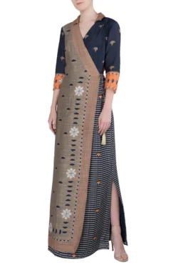 Soup By Sougat Paul Beige And Black Printed Wrap Slit Dress -AOZA Wear Style Shop sopc081822 b