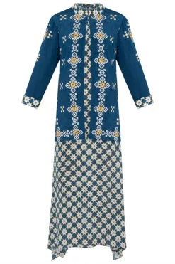 Soup By Sougat Paul Blue Printed Maxi Dress With Embroidered Jacket