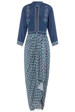 Soup By Sougat Paul Blue Jacket With Drape Maxi Dress